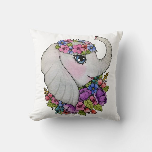 Wasserfarbenlephant mit wilden Blume Kissen (Vorderseite)