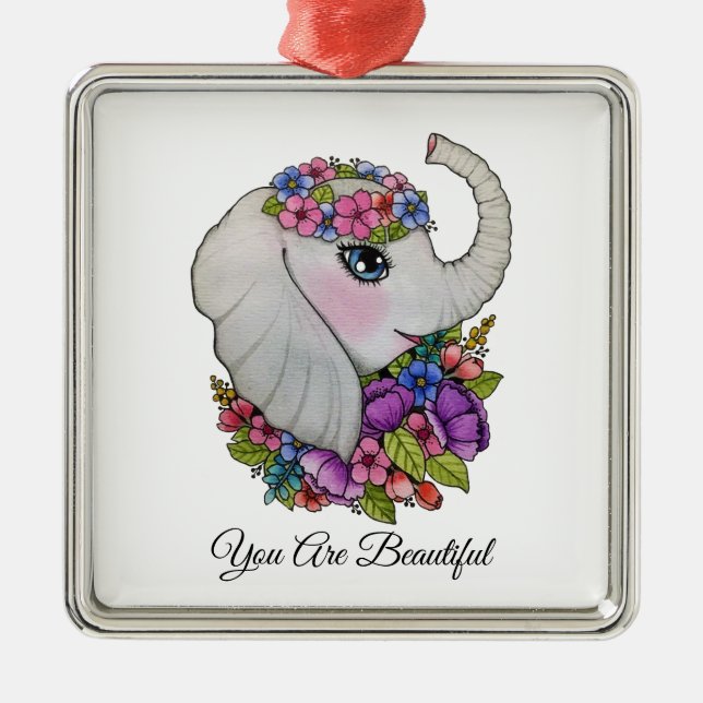 Wasserfarbenlephant mit wilden Blume Ornament Aus Metall (Vorne)