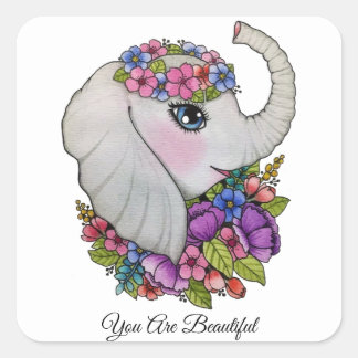 Wasserfarbenlephant mit wilden Blume Quadratischer Aufkleber