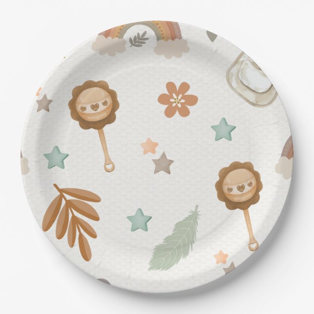 Wasserfarbenleuchte Boho Gender Neutral Baby Dusch Pappteller (Vorderseite)