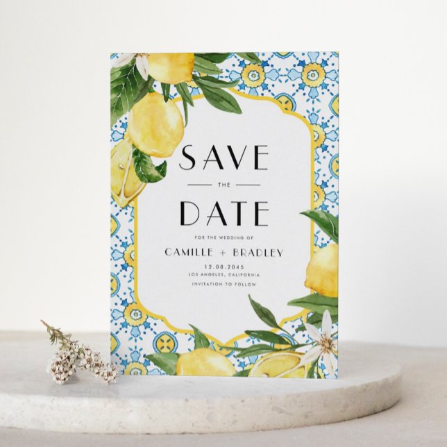 Wasserfarbenleuchte und marokkanisches Fliesenmust Save The Date (Watercolor Lemon and Moroccan Tile Pattern Save The Date Announcement Card)