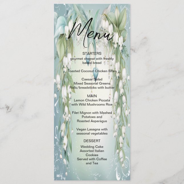 Wasserfarbenlilie des Tales Wedding Menu Menükarte (Vorderseite)