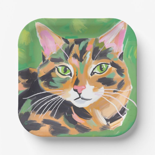 Wasserfarbenmalerei Katze mit Schildpattmuster Pappteller (Vorderseite)