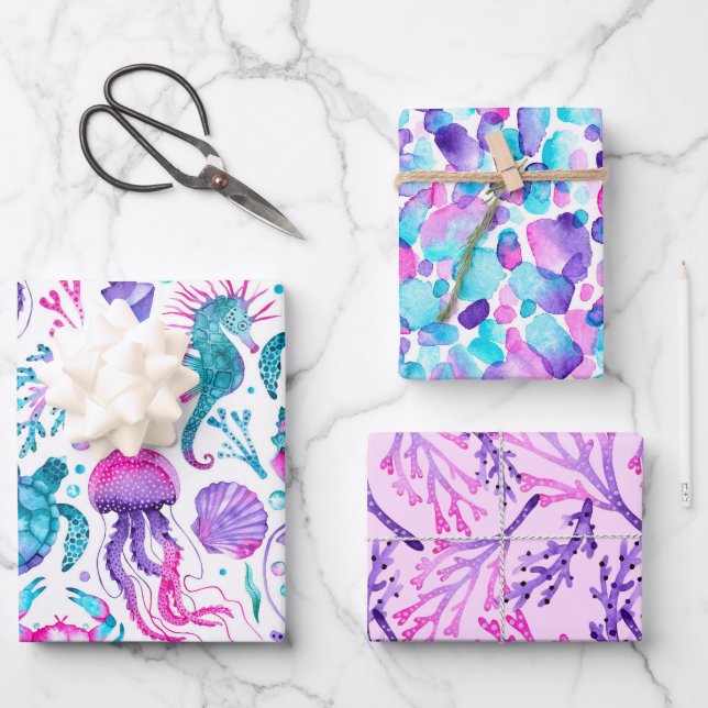 Wasserfarbenmeerkreaturen, Paint Strokes und Koral Geschenkpapier Set (Vorderseite)