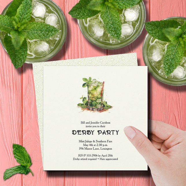 Wasserfarbenminze Julep Derby Einladung (Watercolor Mint Julep Derby Party Square Invitations)