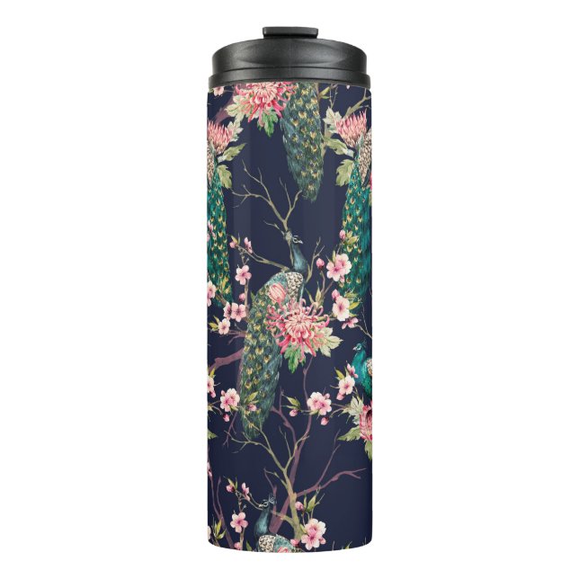 Wasserfarbenmuster Pfau auf einer Baumkirsche,Blum Thermosbecher (Vorderseite)