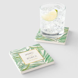 Wasserfarbenpalme Blätter Hochzeitdatum Geschenk Steinuntersetzer