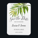 Wasserfarbenpalme Save the Date Hochzeit Magnet<br><div class="desc">Tropische,  botanische Hochzeit Save the Date Magnet,  die eine Aquarell grüne Palmenblatt und elegante Kalligraphie Akzente. Personalisieren Sie mit Ihren Namen,  Hochzeitsdatum und Ort.</div>