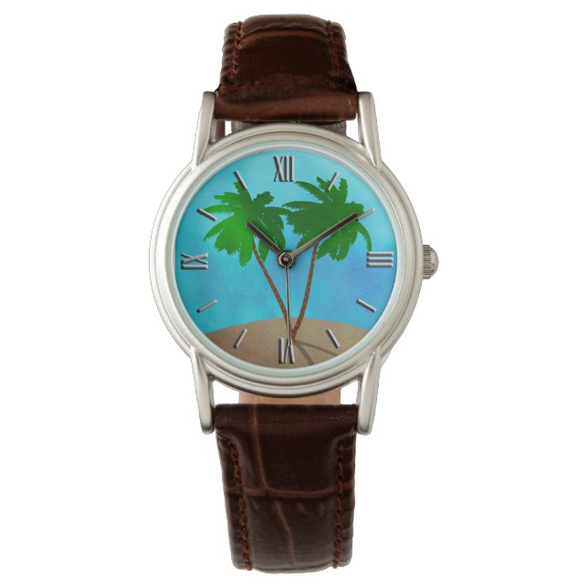 Wasserfarbenpalme Tree Beach Szene Collage Armbanduhr (Vorderseite)
