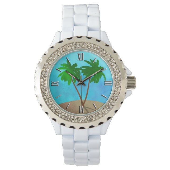 Wasserfarbenpalme Tree Beach Szene Collage Armbanduhr (Vorderseite)