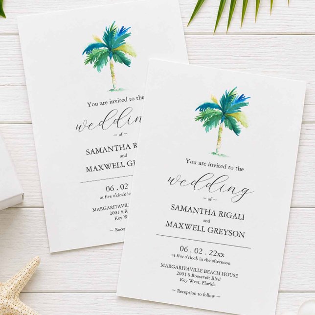 Wasserfarbenpalme Tree Einladung zur Hochzeit (tropical destination wedding invitations with watercolor palm tree in turquoise blue and green)