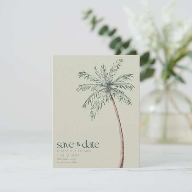 Wasserfarbenpalme Tree Foto Beach Hochzeit Save The Date (Stehend Vorderseite)