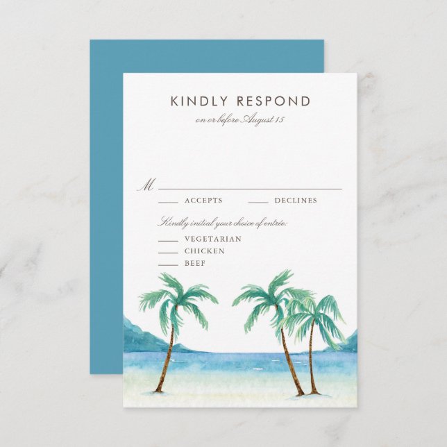 Wasserfarbenpalme Trees Tropical Beach Hochzeit RSVP Karte (Vorne/Hinten)