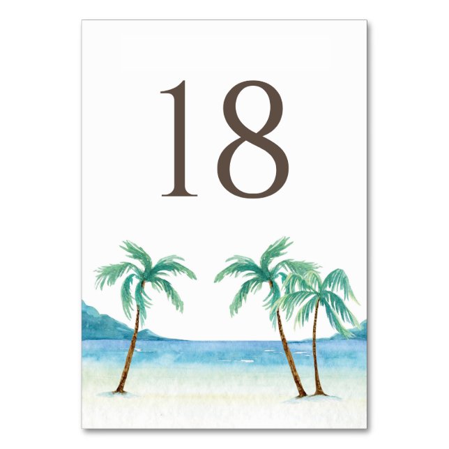 Wasserfarbenpalme Trees Tropical Beach Hochzeit Tischnummer (Rückseite)