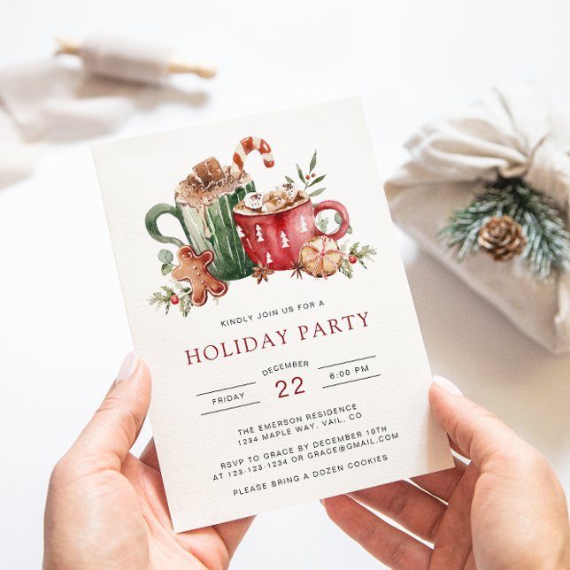 Wasserfarbenparteitag Einladung (Festive Holiday Party Invitation | Watercolor Cookies, Cocoa & Greenery by Painted Paperie)