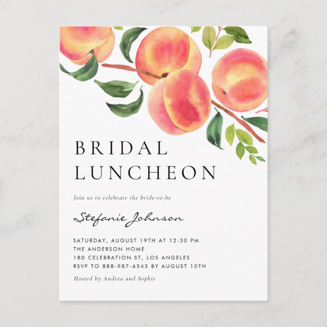 Wasserfarbenpeaches Sommer Bridal Luncheon Einladungspostkarte (Vorderseite)