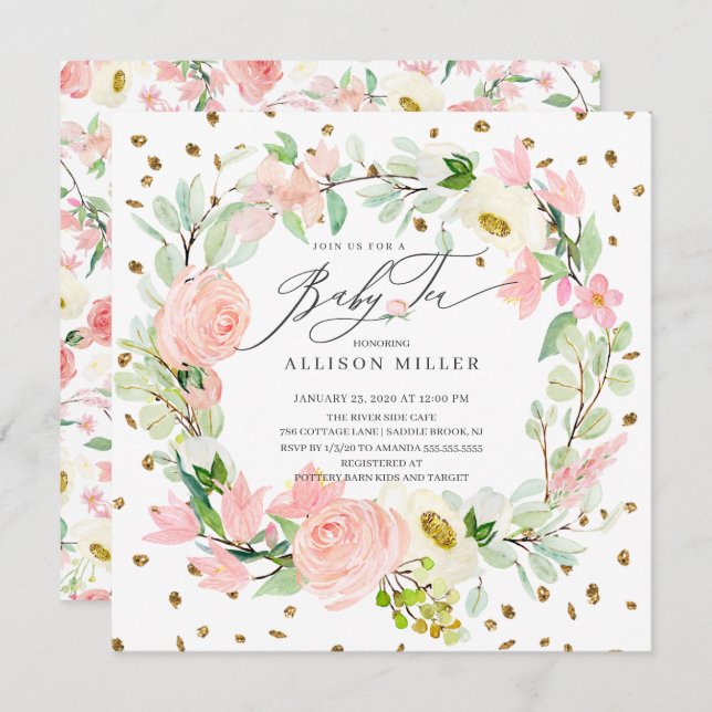 Wasserfarbenpeonies Blumengarten Teedusche Einladung (Vorne/Hinten)