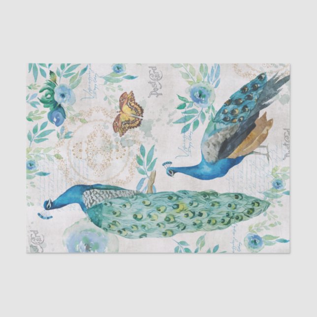 Wasserfarbenpfau, Schmetterlinge & blaue Florals Seidenpapier (Vorderseite)
