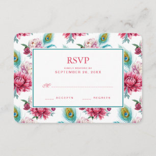 Wasserfarbenpfau und Rote Blüte - Hochzeitsrabatt RSVP Karte
