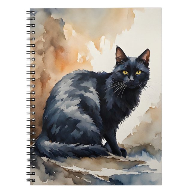 Wasserfarbenportrait Schwarze Katze Pose Notizblock (Vorderseite)
