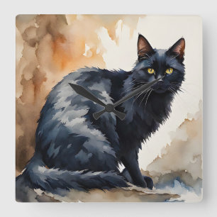 Wasserfarbenportrait Schwarze Katze Pose Quadratische Wanduhr