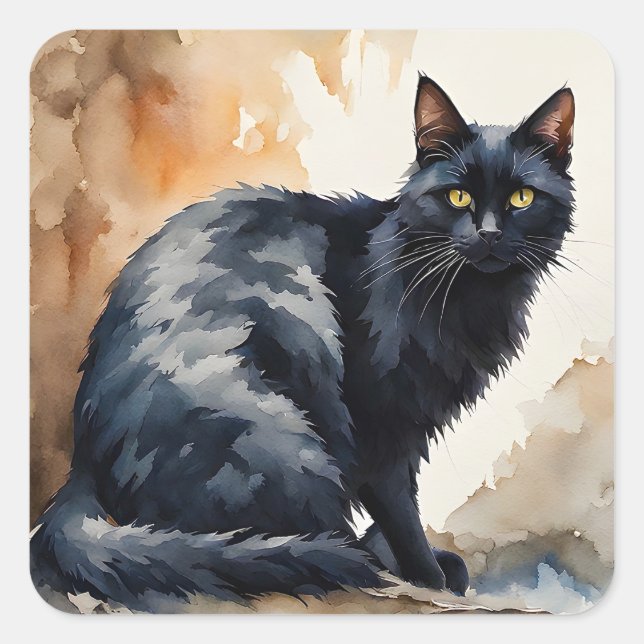 Wasserfarbenportrait Schwarze Katze Pose Quadratischer Aufkleber (Vorderseite)