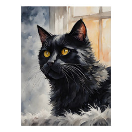 Wasserfarbenportrait von Black Cat Pose Windows Poster