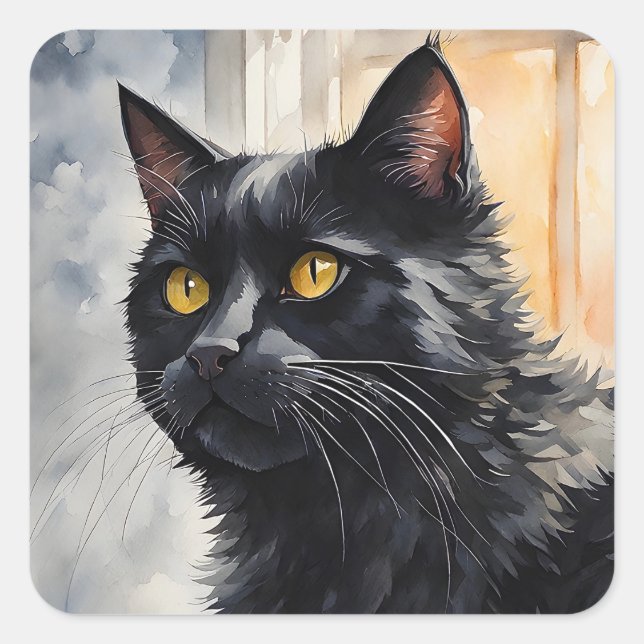 Wasserfarbenportrait von Black Cat Pose Windows Quadratischer Aufkleber (Vorderseite)