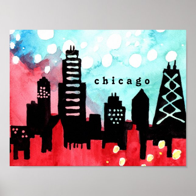 Wasserfarbenposter der Skyline von Chicago Poster (Vorne)