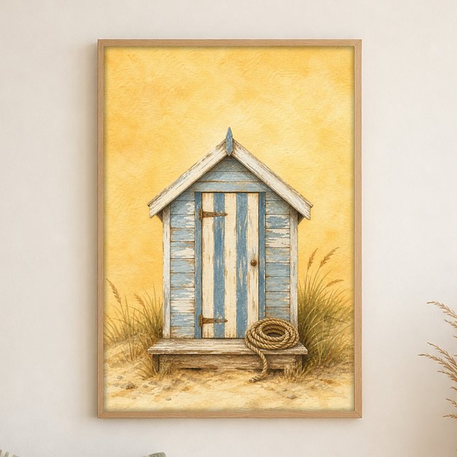 Wasserfarbenposter Strandhütte mit gestreifter Tür Poster (Shown framed for scale. Poster ships unframed; frames are an optional add-on.)