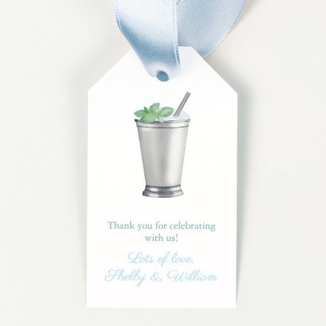 Wasserfarbenprägeanstalt Julep Race Polterabend Geschenkanhänger (Simple elegant mint julep cocktail in classic silver metal cup Bridal shower or birthday favor tags )