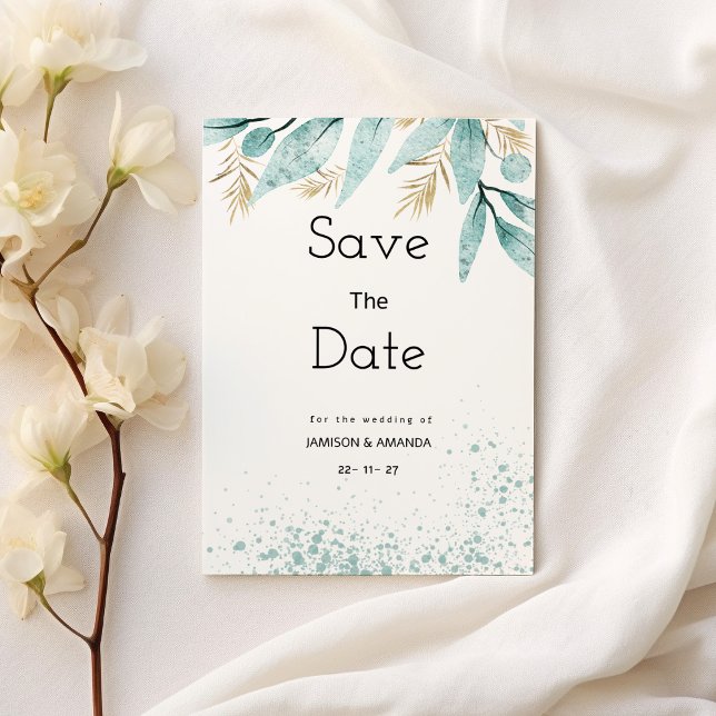 Wasserfarbenprägung, grünes Blattgold Save the Dat Einladung (Watercolor mint green gold foliage Save The Date)