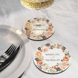 Wasserfarbenprägung Rustikaler Fall Blumenhochzeit Runder Pappuntersetzer<br><div class="desc">Elegante,  personalisierte Untersetzer mit einem Kranz aus Aquarellfarben,  Sukkulenten und Blätter in den Farbtönen Rosa,  Pfirsich,  Orange,  Creme,  Braun und Grün. Personalisieren Sie die Untersetzer des Papiers,  indem Sie Ihre Namen hinzufügen. Entworfen,  um mit unserer Watercolor Rustic Fall Floral Hochzeitskollektion zu koordinieren.</div>