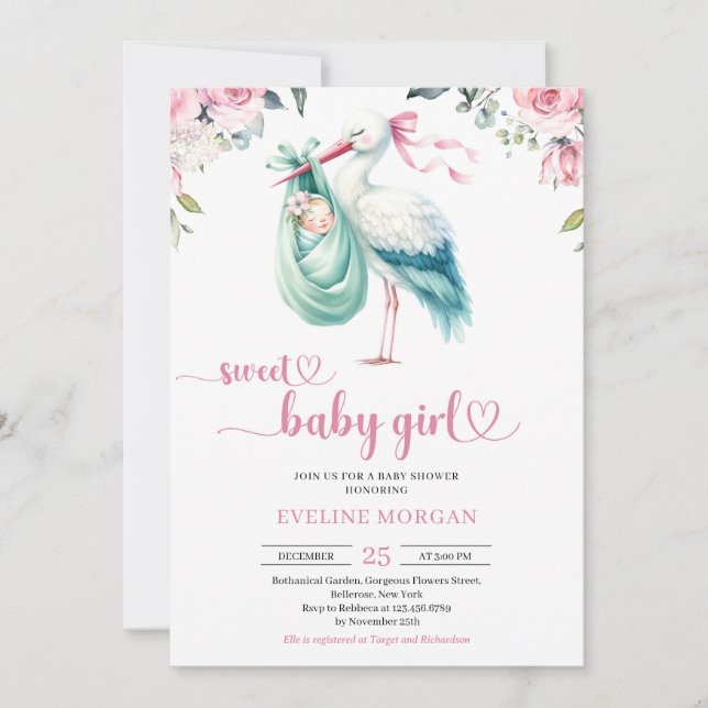 Wasserfarbenprägung und rosa Storchenmädchen Einladung (Vorderseite)