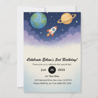 Wasserfarbenrakete im Traum Weltraum Geburtstag Einladung