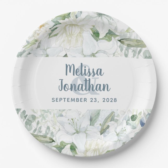 Wasserfarbenromantische, blumenweiße Blume Hochzei Pappteller (Vorderseite)