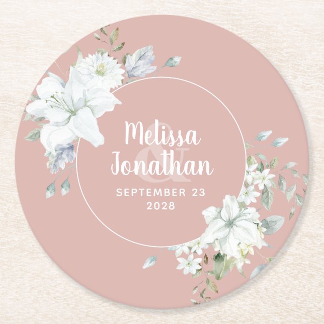 Wasserfarbenromantische, blumenweiße Blume Hochzei Runder Pappuntersetzer (Vorderseite)