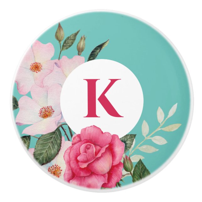 Wasserfarbenrosa und weißer Rosenkreislauf Keramikknauf (Vorderseite)