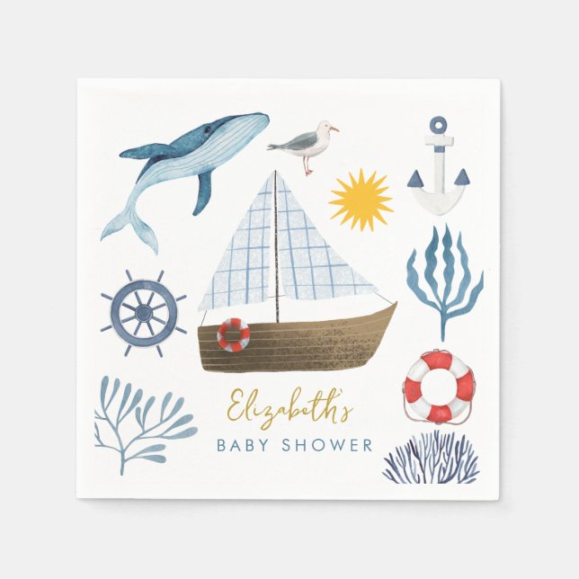 Wasserfarbenschiff, Sailor Whale Sea Babydusche Serviette (Vorderseite)