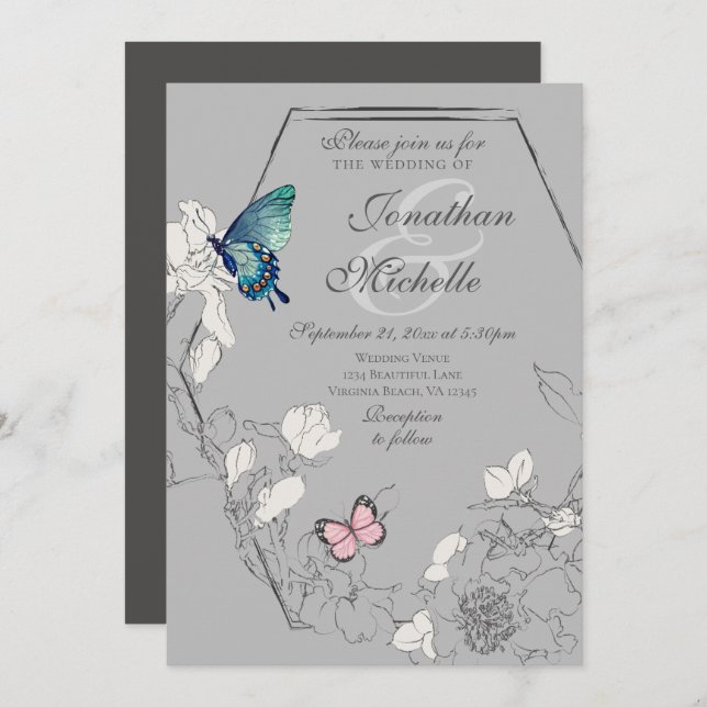 Wasserfarbenschmetterling, geometrische Hochzeit Einladung (Vorne/Hinten)