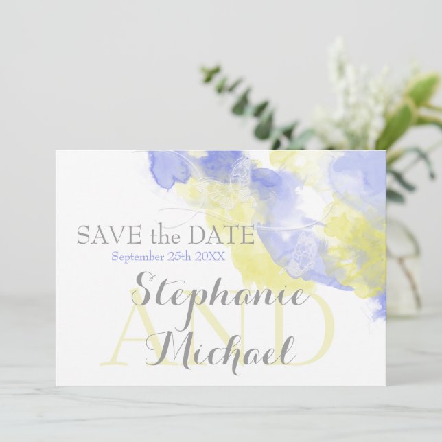 Wasserfarbenschmetterling Periwinkle Lemon Savethe Save The Date (Stehend Vorderseite)