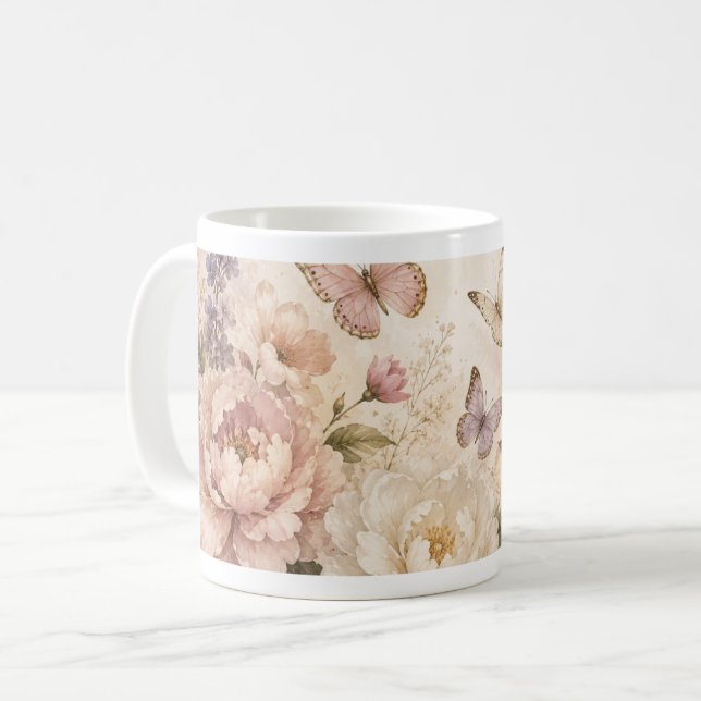 Wasserfarbenschmetterling und Blumenvase Kaffeetasse (Vorderseite Links)