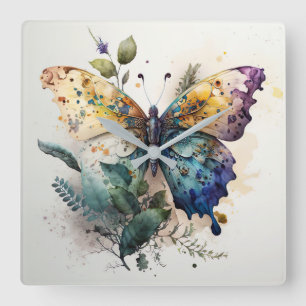 Wasserfarbenschmetterling und -folien quadratische wanduhr