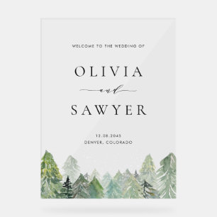 Wasserfarbenschnee Evergreen Forest Winter Wedding Acrylschild