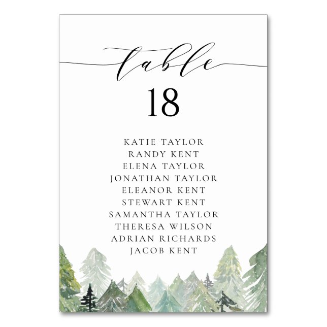 Wasserfarbenschnee Evergreen Forest Winter Wedding Tischnummer (Vorderseite)