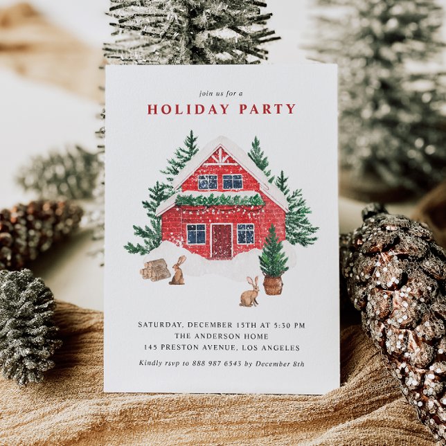 Wasserfarbenschnee Rote Hütte Winterferienparty Einladung (This holiday party invitation features a watercolor red cottage surrounded by snow, evergreen trees.)