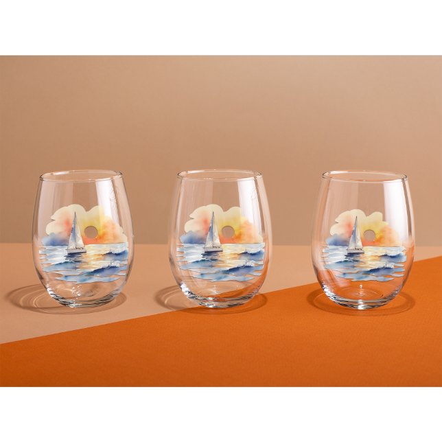 Wasserfarbensegeln Sailboat Wassersportzentrum Was Weinglas Ohne Stiel (Nautical Sailing Sunset Watercolor Wine Glasses)