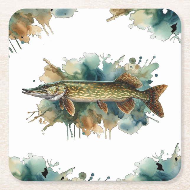 Wasserfarbenserie: Pike Rechteckiger Pappuntersetzer (Vorderseite)