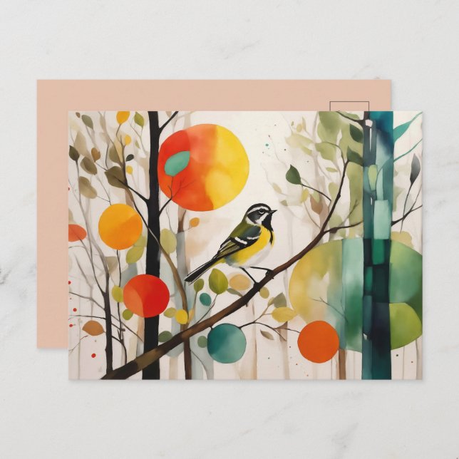 Wasserfarbensongbird im Herbstwald Postkarte (Vorne/Hinten)