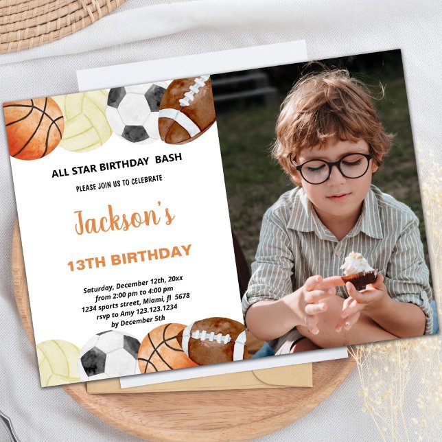 Wasserfarbensport Geburtstag Einladung mit Foto (Watercolor Sports Birthday Invitations with photo)